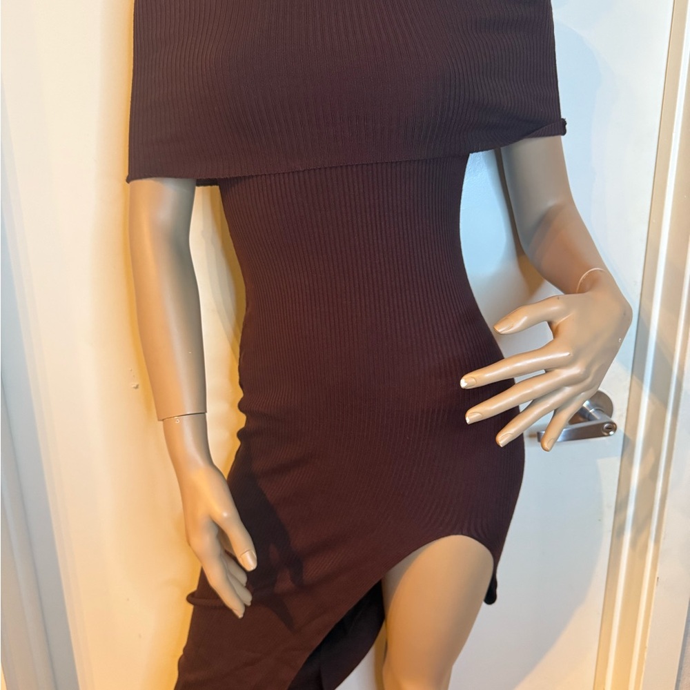 Windsor Chocolate Brown Off-Shoulder Ribbed Knit Midi Dress • Asymmetrical Slit